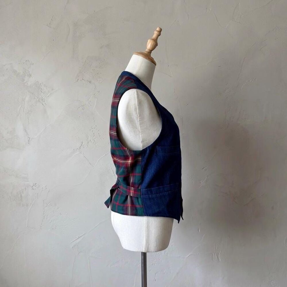 Ralph Lauren c. 1980s Denim & Tartan Tailored Waistcoat in Essex Green | 8 - Picture 3 of 5